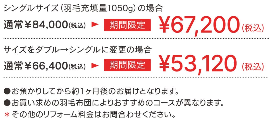 羽毛布団リフォームの価格例